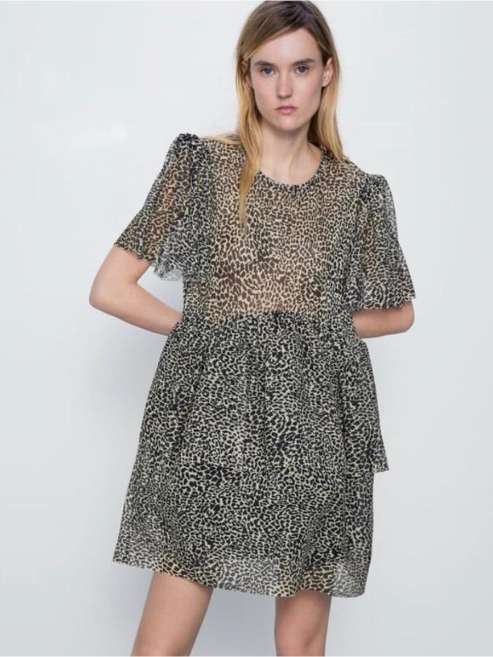Zara Black and White Leopard Tiered Short Sleeve Dress